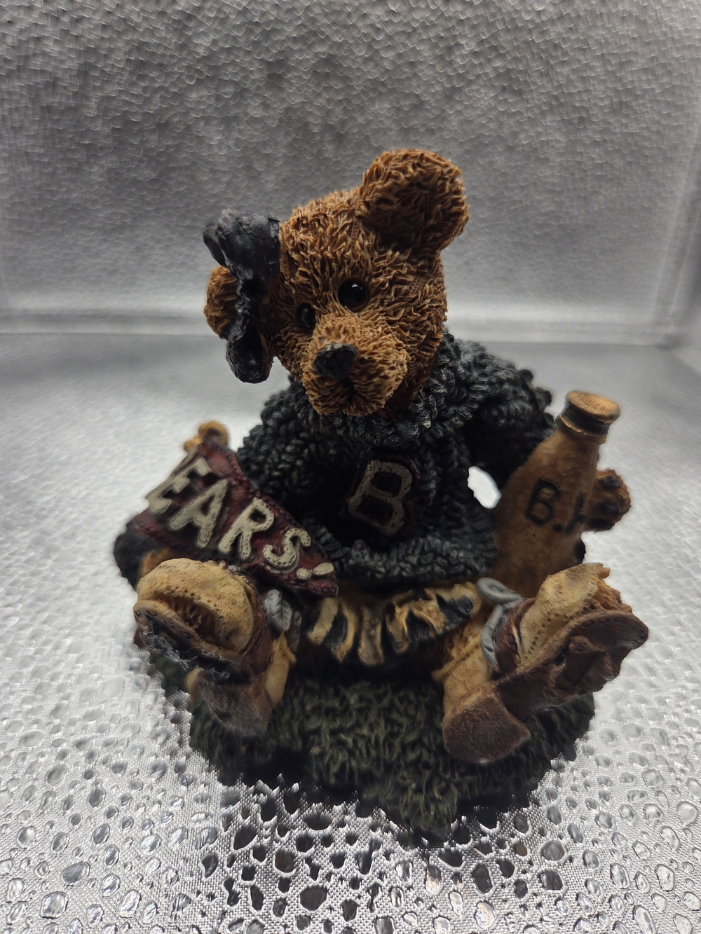 Boyds Bears Brown and gray Teddy Bear Figurine with Banner and Bottle